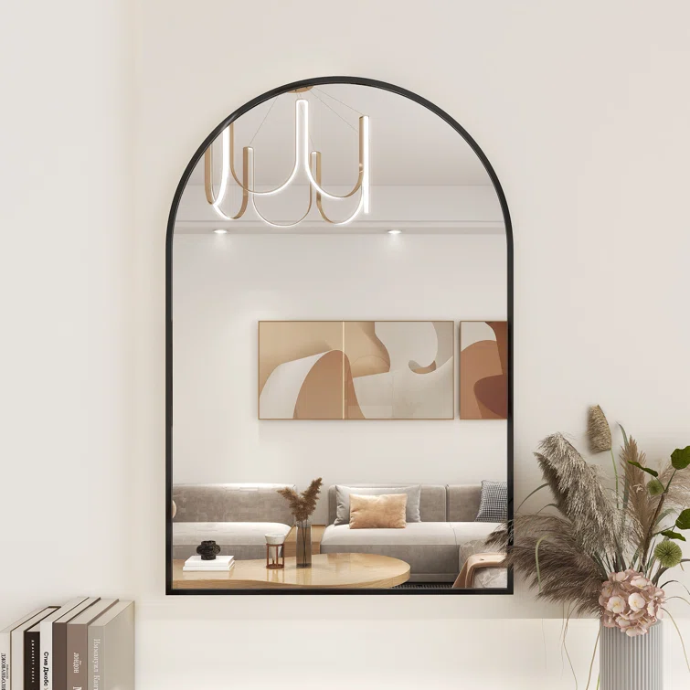 Custom Black Gold Metal Frame Minimalist Design Light Luxury Wall-mounted Arched Mirror