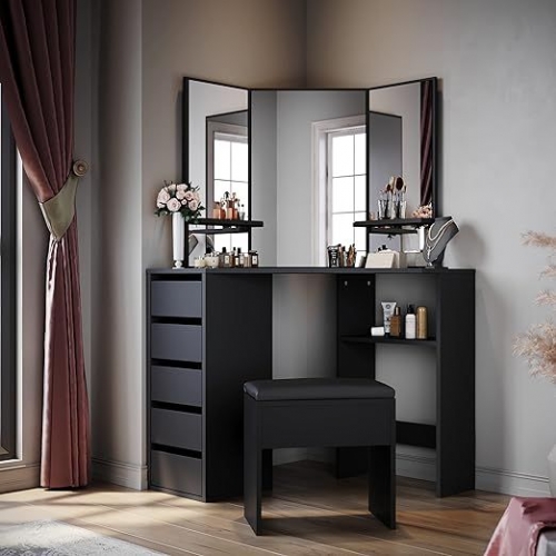 Corner Dressing Table Black Makeup Desk With 3 Angle Mirror And 5 Drawers With Cushioned Stool