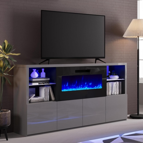 Modern White High Gloss 68" Adjustable Glass Shelves TV Stand With Fireplace & LED Lights