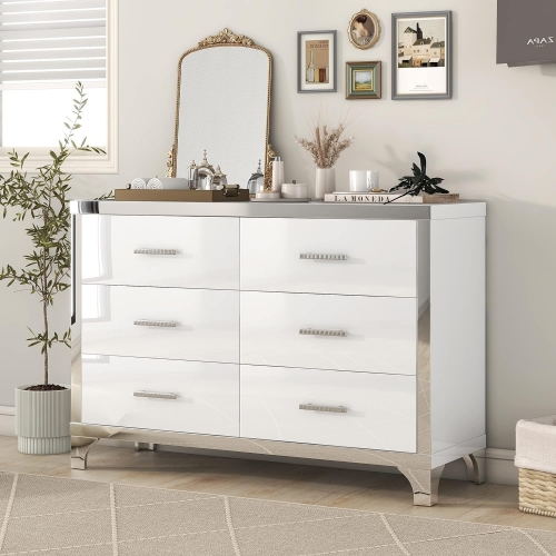 Modern Minimalist Living Room 6 Drawer Storage Cabinet Console Table Mirrored High Gloss Surface White Chest Of Drawers