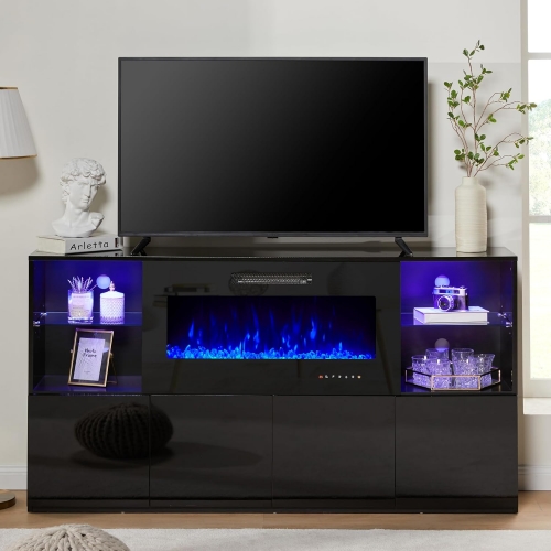 Contemporary Design Sleek Surface High Gloss Media Cabinet Fireplace TV Stand With Adjustable LED Light