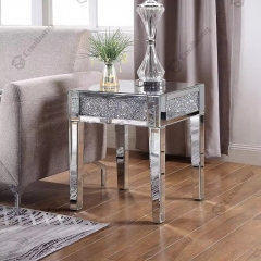 Modern Home Sofa Side Table Crushed Diamond Silver Mirrored End Table