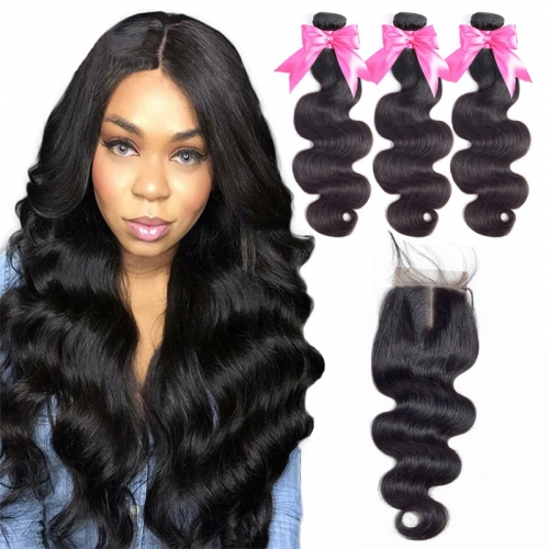 3 Bundles Body Wave Hair Weft With Transparent Lace Closure Beautiful Full And Thick 100% Natural