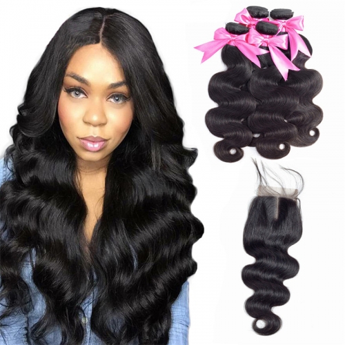 4 Bundles Body Wave Hair Extensions With Lace Transparent Closure Sew In Weave Natural Raw Hair Bundles