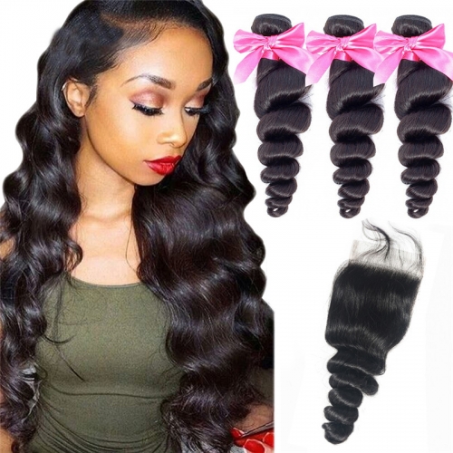 3 Bundles Loose Wave With Lace Closure No Tangle No Shedding Human Hair