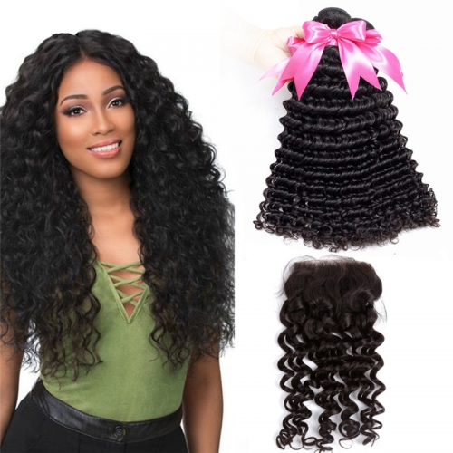 3 Bundles Deep Wave Hair Weft With Lace Closure Top Quality Top Selling No Chemical