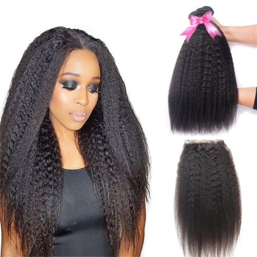 3 Bundles Kinky Straight Hair Weft With Lace Closure Top Quality Top Selling No Chemical