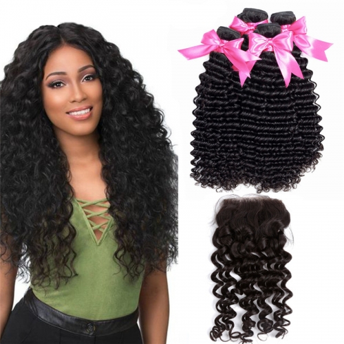 4 Bundles Deep Wave Hair Weft With Swiss Lace Closure Cheap Remy Human Hair