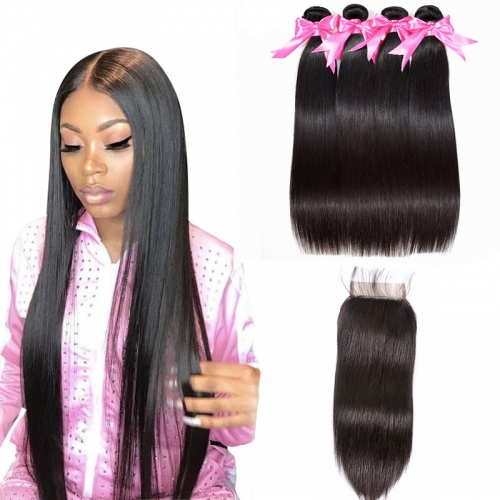 4 Bundles Straight Hair Weft With Lace Closure Natural Black Color No Chemical