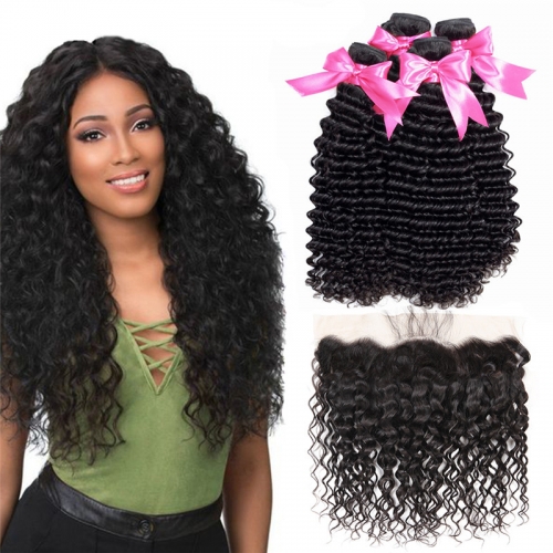4 Bundles Deep Wave Hair Weft With 13x4 Transparent Lace Frontal Wtih Baby Hair