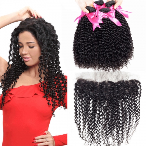4 Bundles Kinky Curly Hair Weft With 13x4 Lace Frontal And Baby Hair