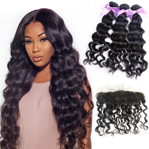 3 Bundles Natural Wave Wavy Hair Weft With 13x4 Transparent Lace Frontal With Baby Hair Full And Thick