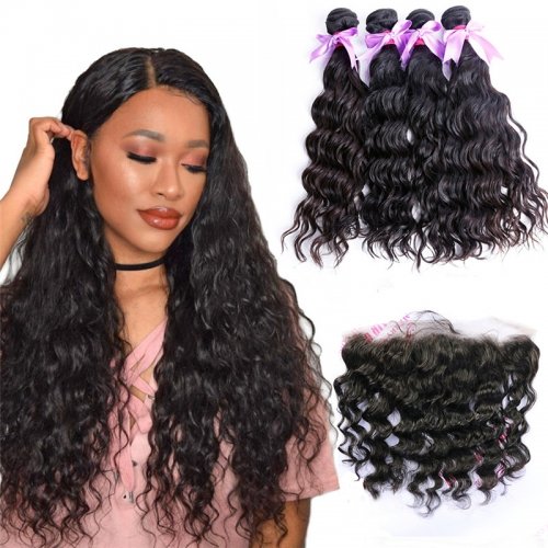 4 Bundles Water Wave Hair Weft With Lace Frontal Wtih Baby Hair Machine Double Weft Hair