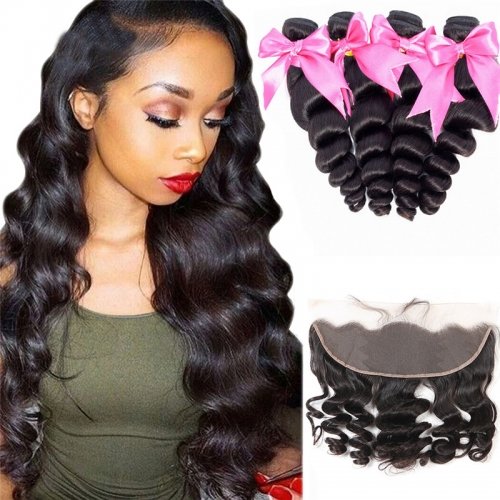 4 Bundles Loose Wave Hair Weft With Lace Frontal Wtih Baby Hair Machine Double Weft Hair