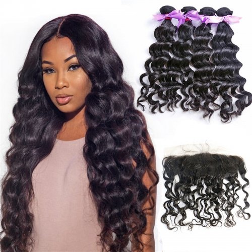 4 Bundles Natural Wave/Wavy Hair Weft With Lace Frontal Wtih Baby Hair Machine Double Weft Hair