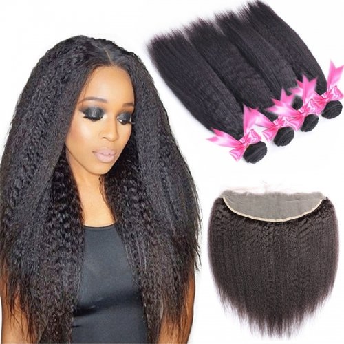 4 Bundles Kinky Straight Hair Weft With Lace Frontal Wtih Baby Hair Machine Double Weft Hair
