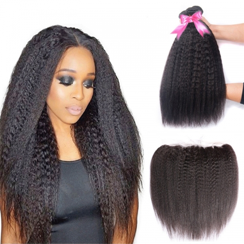 3 Bundles Kinky Straight Hair Weft With 13x4 Lace Frontal Sew In