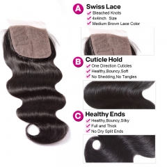 BodyWave 4x4 Silk Base Lace Closure Medium Brown Lace Natural Headline Pre Plucked Hairline Bleached Knots