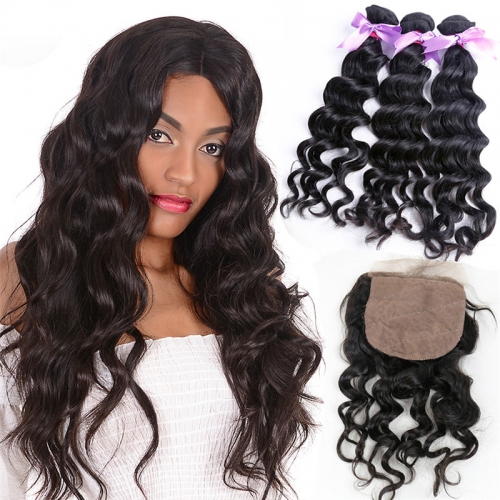 Wavy Cheap Virgin Hair Weft 3 Bundles With Silk Base Lace Closure With Baby Hair
