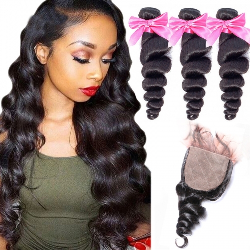 3 Bundles Loose Wave Human Hair Weaves With Silk Base Closure Full Head Sew In