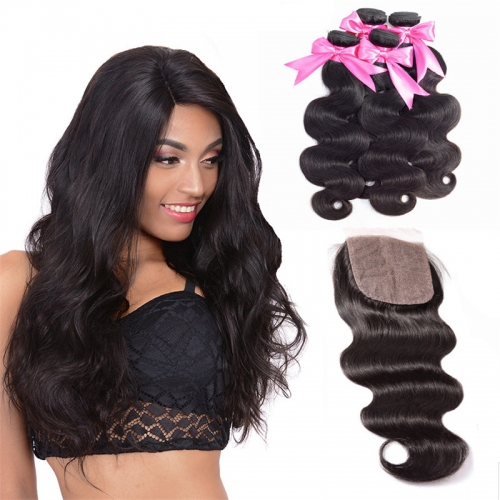 4 Bundles Natural Black Color Body Wave With 4x4 Inches Silk Base Closure