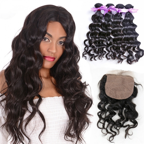 4 Bundles Natural Wave Hair With Wavy Silk Base Closure 4 Inches