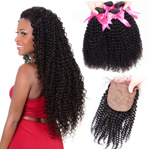 4 Bundles Kinky Curly Hair With Afro Hair Style Silk Base Closure 4x4 Inches