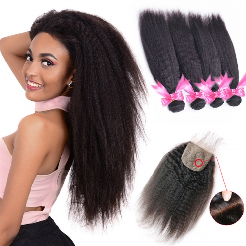 Kinky Straight 4x4 Inches Silk Base Closure With 4 Bundles Human Hair Bundles