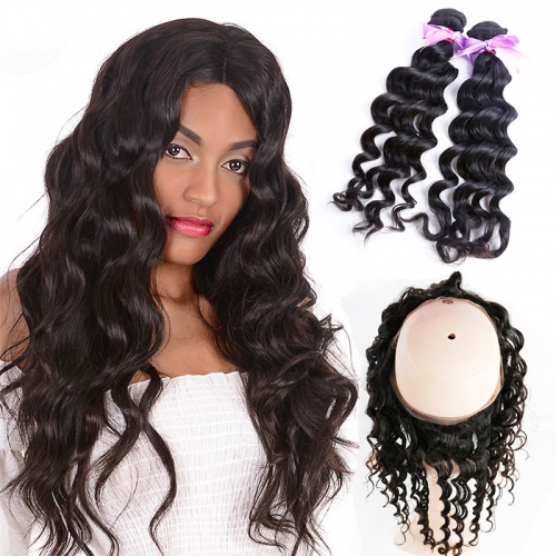 2 Bundles Natural Wave Natural Color Hair With 360 Lace Frontal Wavy Hair