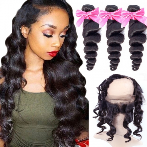 3 Bundles Virgin Hair Loose Wave With Natural Color 360 Lace Frontal