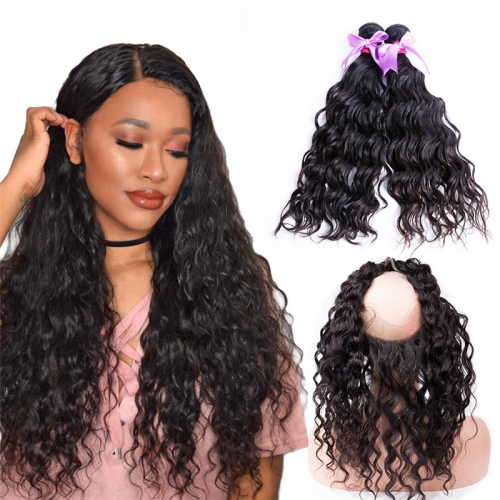 2 Bundles Water Wave With Human Hair 360 Lace Frontal With Baby Hair