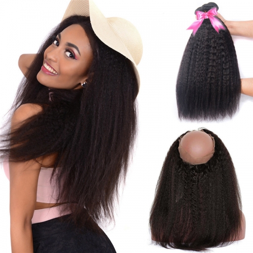 3 Bundles Natural Hair Afro Kinky Straight Hair With 360 Lace Frontal With Natural Hairline