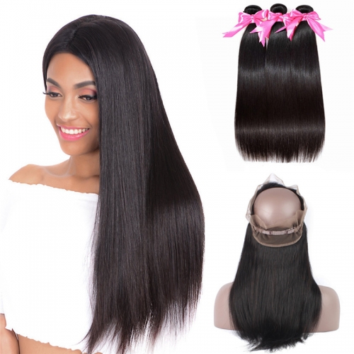 Natural Black Color 360 Lace Frontal With 3 Bundles Straight Human Hair Weave