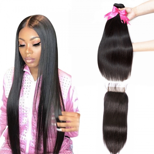 2 Bundles Straight Natural Color Hair Weft With Human Hair Transparent Lace Closure