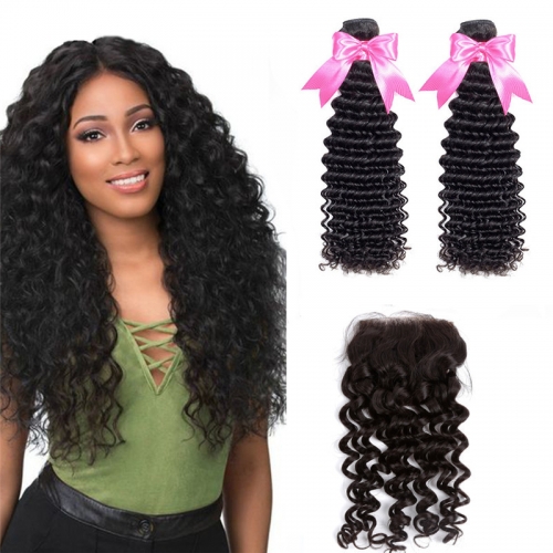 2 Bundles Deep Wave Hair Weft With Top Quality Transparent Lace Closure