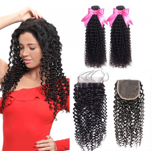 2 Bundles Kinky Curly Hair Weft With Lace Closure Human Hair With Baby Hair