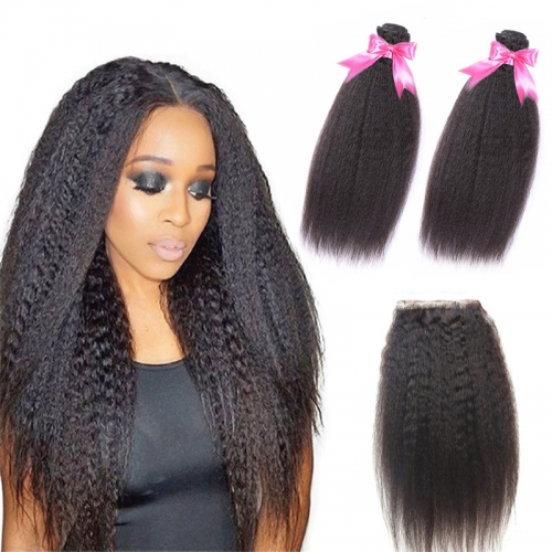 2 Bundles Kinky Straight Hair Weft With Lace Closure Top Quality Top Selling No Chemical