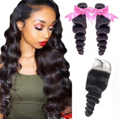 2 Bundles Loose Wave No Tangle No Shedding With Human Hair Lace Closure