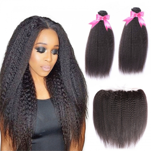 2 Bundles Kinky Straight Hair Weft With Lace Frontal Top Quality Top Selling No Chemical