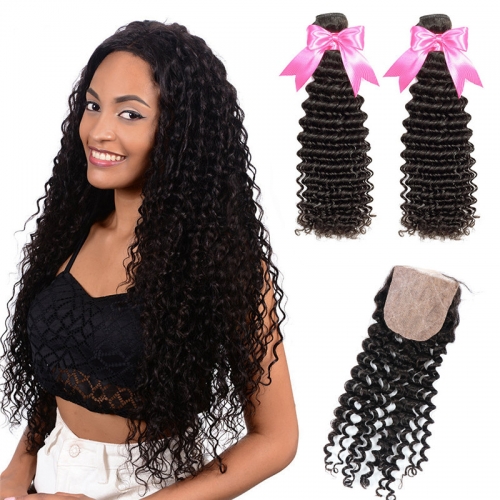 2 Bundles Hair Weaves With Silk Base Closure Deep Wave Human Hair Weft