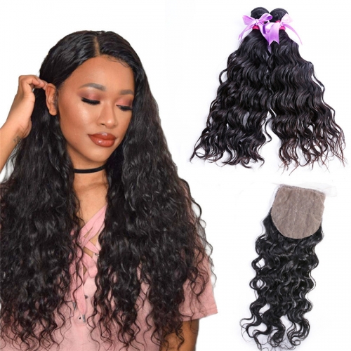 2 Bundles Water Wave Human Hair With Silk Base Closure Virgin Hair