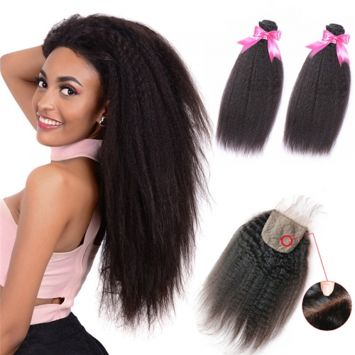 2 Bundles Human Hair Kinky Straight Hair Weft With Cheap Silk Base Lace Closure