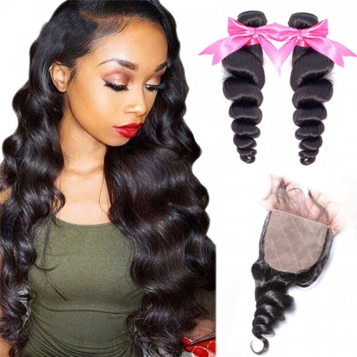 2 Bundles Loose Wave Human Hair Weaves With Silk Base Closure Full Head Sew In