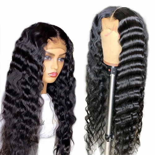 Cheap New Style 13x4 Inches Deep Wave Natural Curly Transparent Full Lace Human Hair Wigs