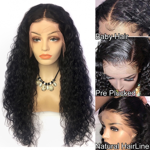 Water Wave Lace Front Wig 300% Density Average Size Hand Tied Glueless Black Color