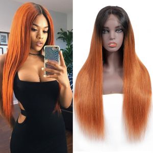 Straight T1B Orange Root Color Lace Front Wig Average Size No Chemical Processing Can Be Permed Pre Plucked Hairline