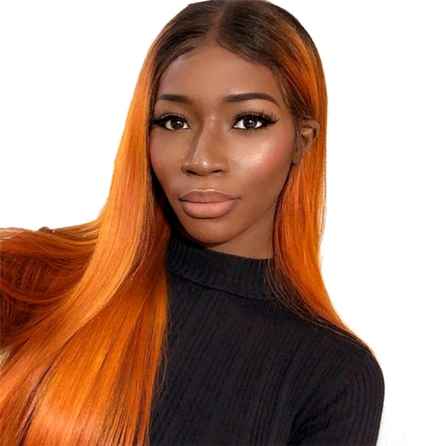 Color Full Lace Wig Straight T1B/Orange Root Ombre Color Glueless 130% Density 100% Human Wigs