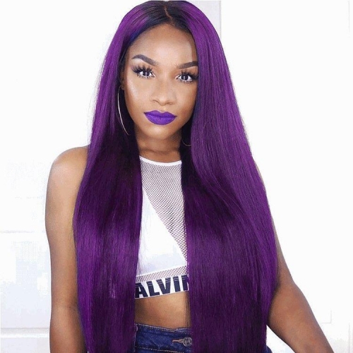 Straight 1B/Purple Color Lace Front Wig Bleached Knots Suitable Dying Colors With Baby Hair Pre Plucked Hairline