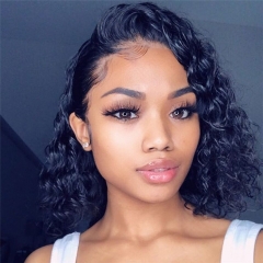Deep Curly 150% Density Bob Lace Front Wig Side Part Natural Color  Pre Plucked Hairline