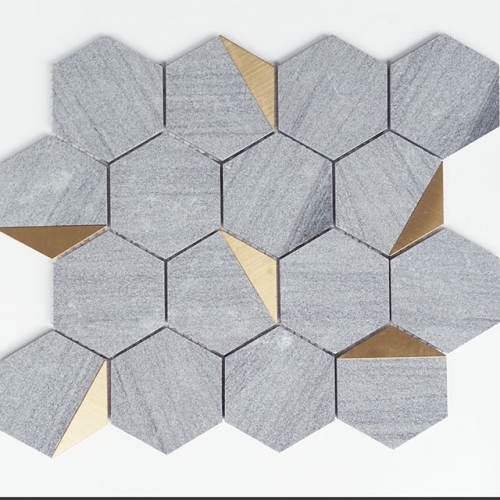 Gold Accent Gray Backsplash Tile Hexagon Marble Mosaic SMT43